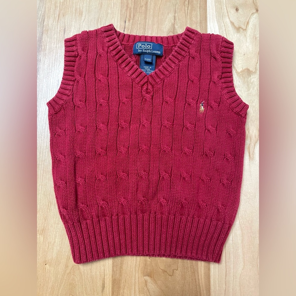 Polo Ralph Lauren 2T Boys Kid’s Red Cable Knit Sweater Vest Pony